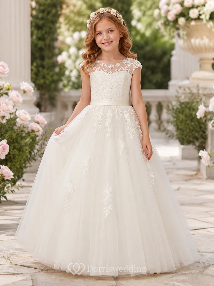 Elegant Flower Girl A-Line Tulle Lace Jewel Neck Cap Sleeve Floor-Length Applique Dress