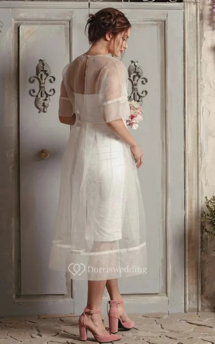 Modernes A-Linien-Brautkleid aus Organza mit Teelänge, halben Ärmeln und Knöpfen view 2