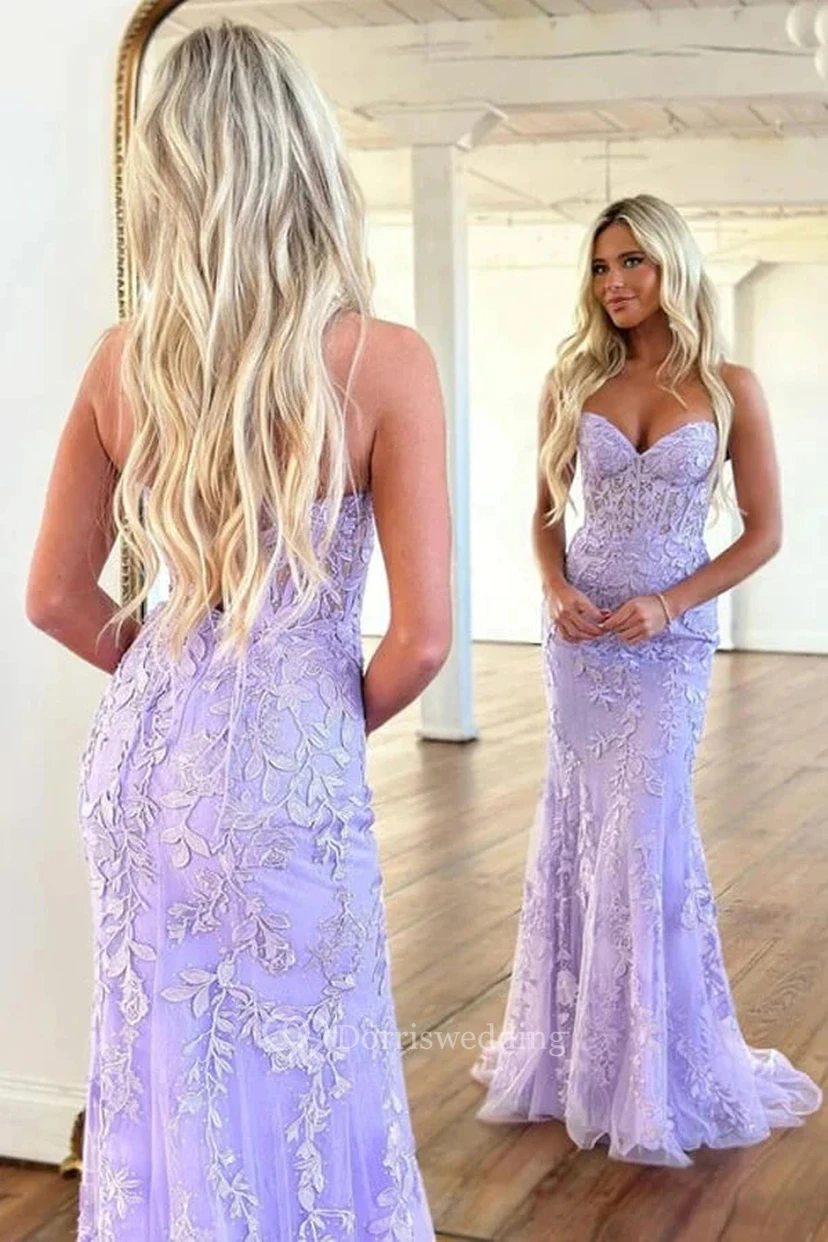 Sweetheart Sexy Sheath Lilac Lace Applique Prom Dress view 3