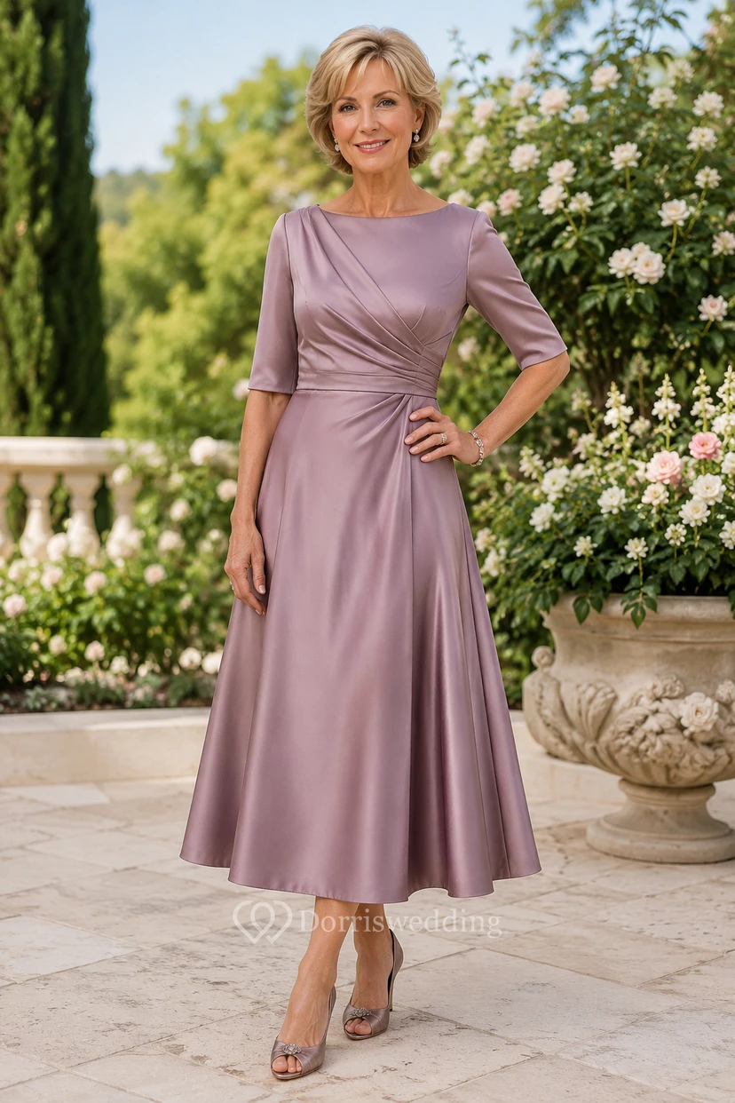 Dusty Rose Satin Tea-Length Mother Dress with Three Quarter Sleeves