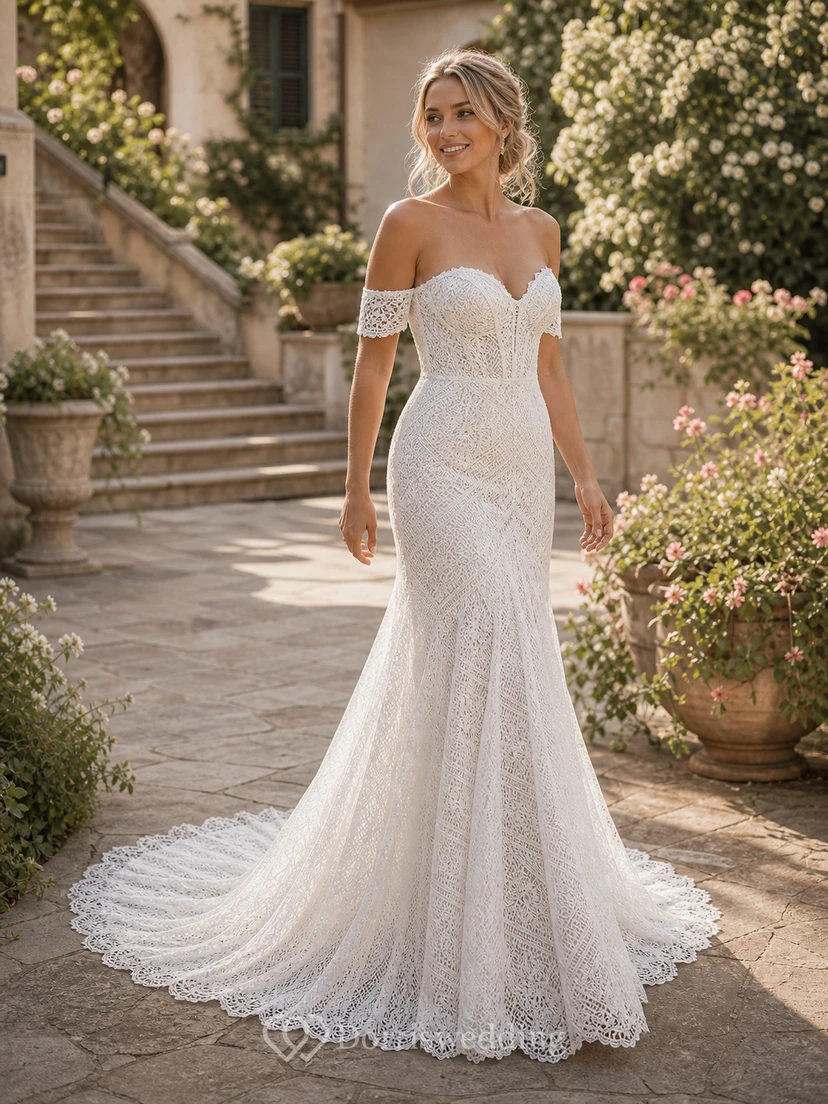 Vestido de novia bohemio de corte imperio con encaje y escote corazón.