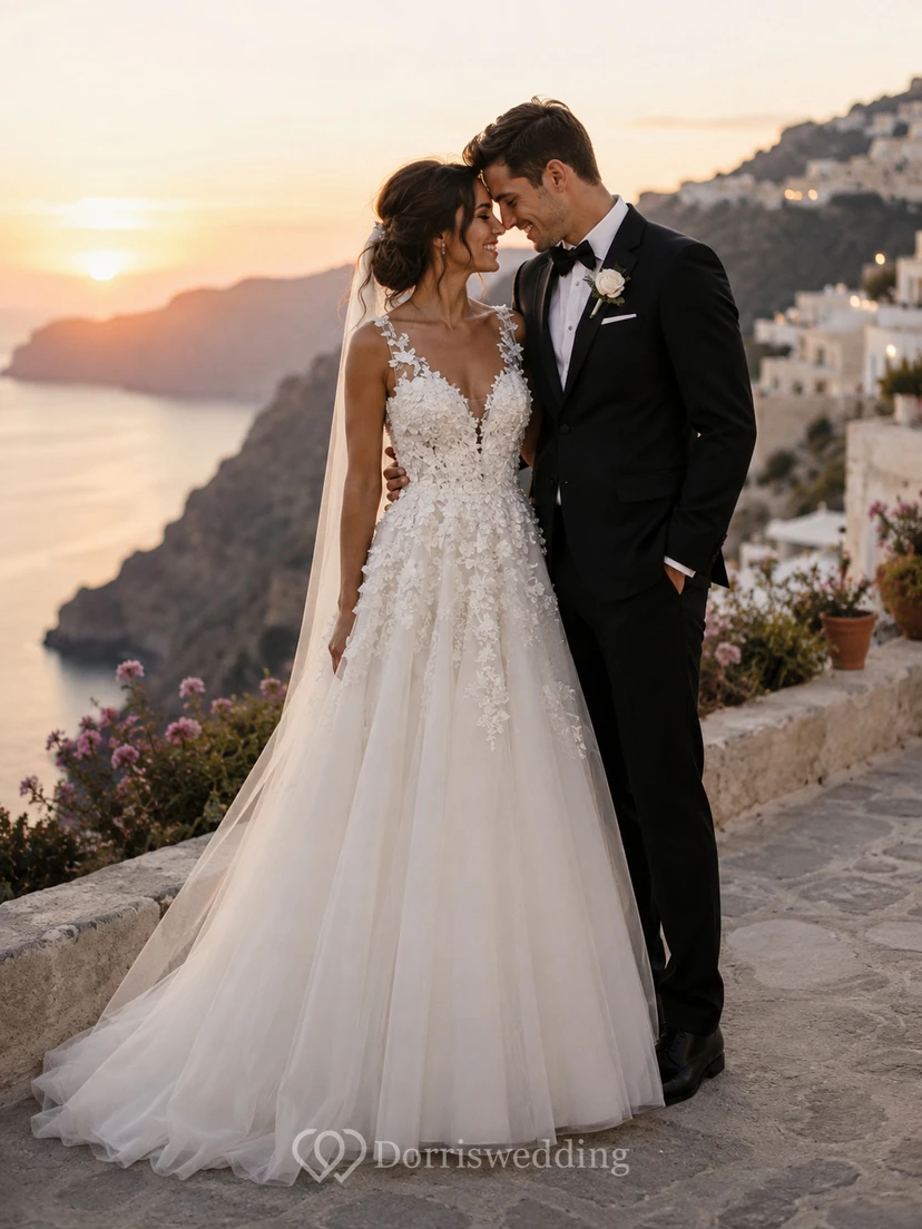 Elegantes, ärmelloses Empire-Brautkleid aus Spitze und Tüll mit V-Ausschnitt und A-Linien-Schnitt view 3