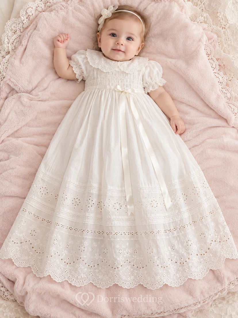 Ivory Lace Collar Puff Sleeve Smocked Eyelet Baby Baptism Gown