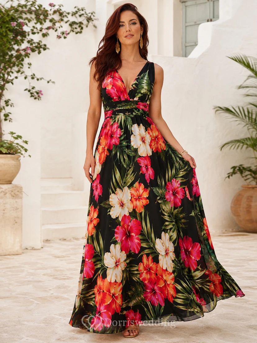 Black Hibiscus V Neck Sleeveless Resort Maxi Dress