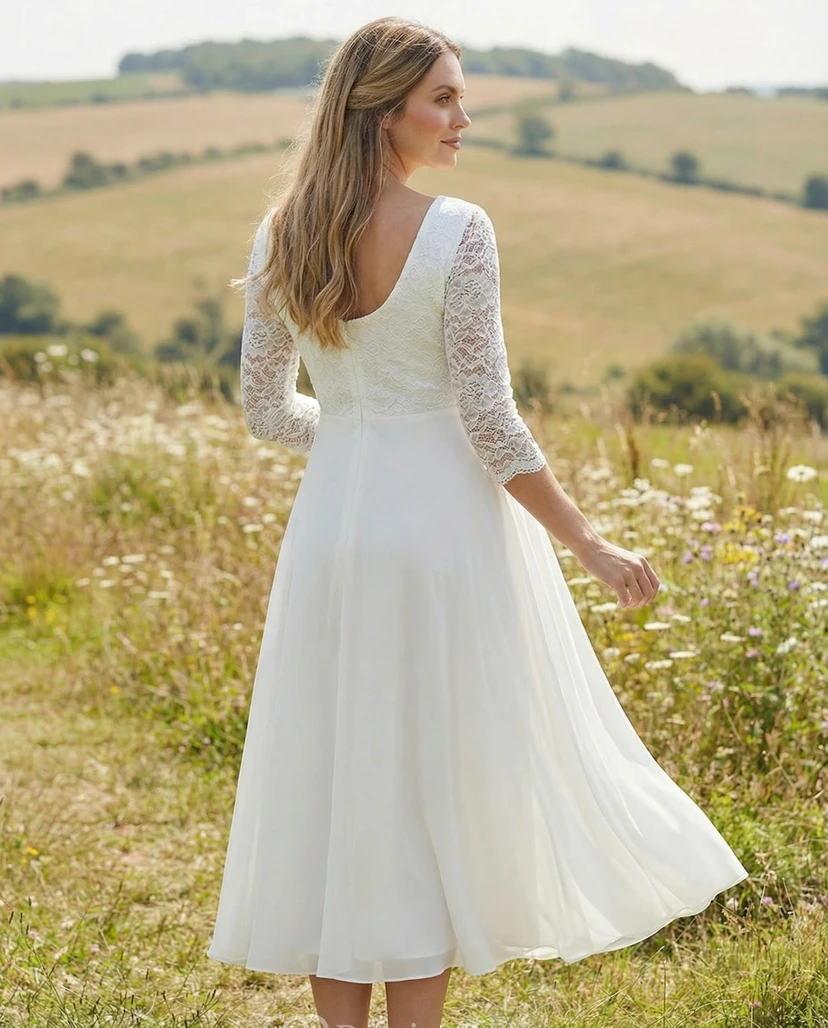 Robe de mariée de maternité en dentelle à col rond, manches trois-quarts et jupe en mousseline view 2