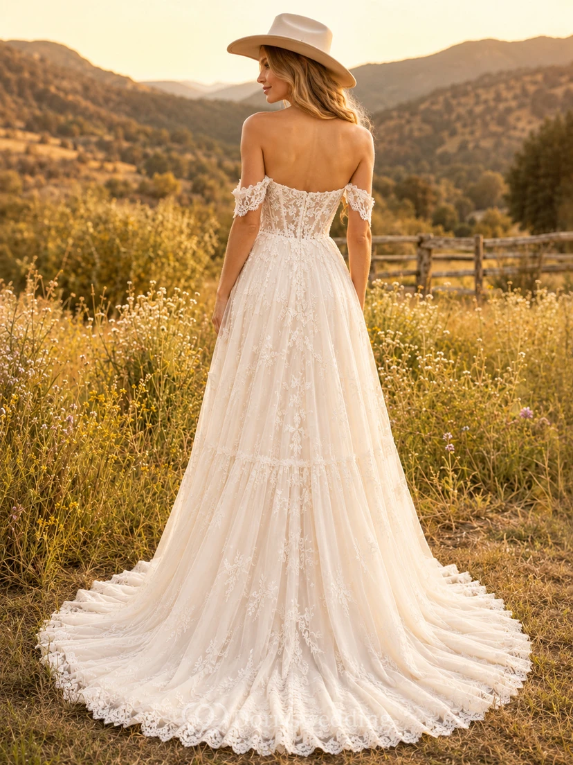 Brautkleid aus ländlicher Spitze und Tüll, A-Linie, schulterfrei, asymmetrisch mit Schlitz und Schnürung am Rücken view 2