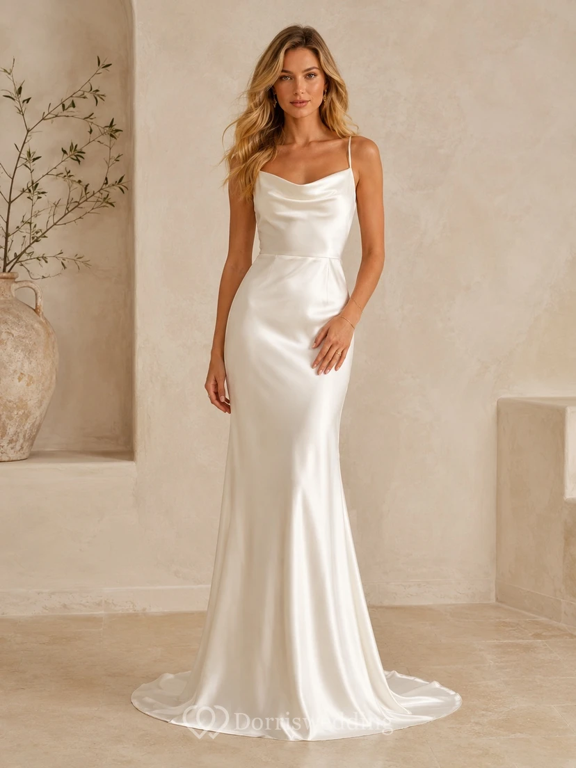 Minimal Satin Cowl Spaghetti Strap Floor-length Sweep Train Sheath Bridal Gown