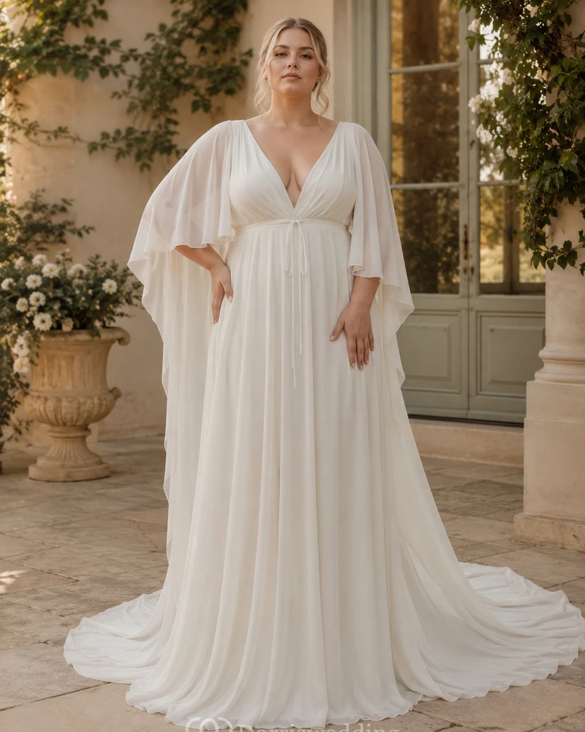 Brautkleid im griechischen Stil aus Chiffon mit tiefem Ausschnitt, langen Ärmeln und Watteau-Schleppe im Fairy Empire-Stil. video preview