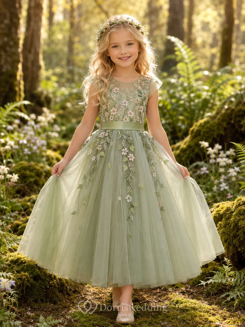 Sage Bohemian A-Line Tulle Flower Girl Dress Cap Sleeve Jewel Neck Tea-Length Embroidered Flowers