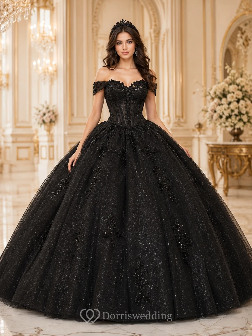 Black Quinceanera Regal Ball Gown Off-the-shoulder Lace Short Sleeve Floor-length Romantic Dress