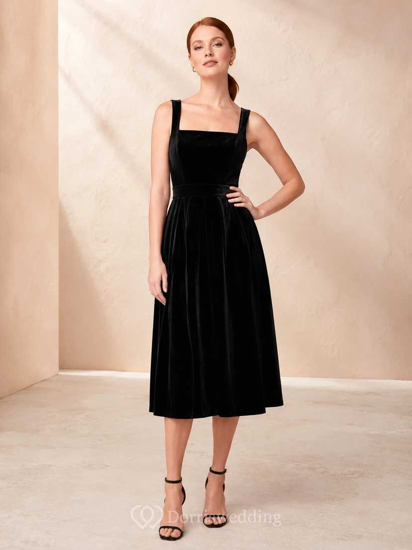 Robe midi en velours noir pour les fêtes de fin d'année, avec encolure carrée droite, corsage ajusté, taille naturelle et jupe plissée.