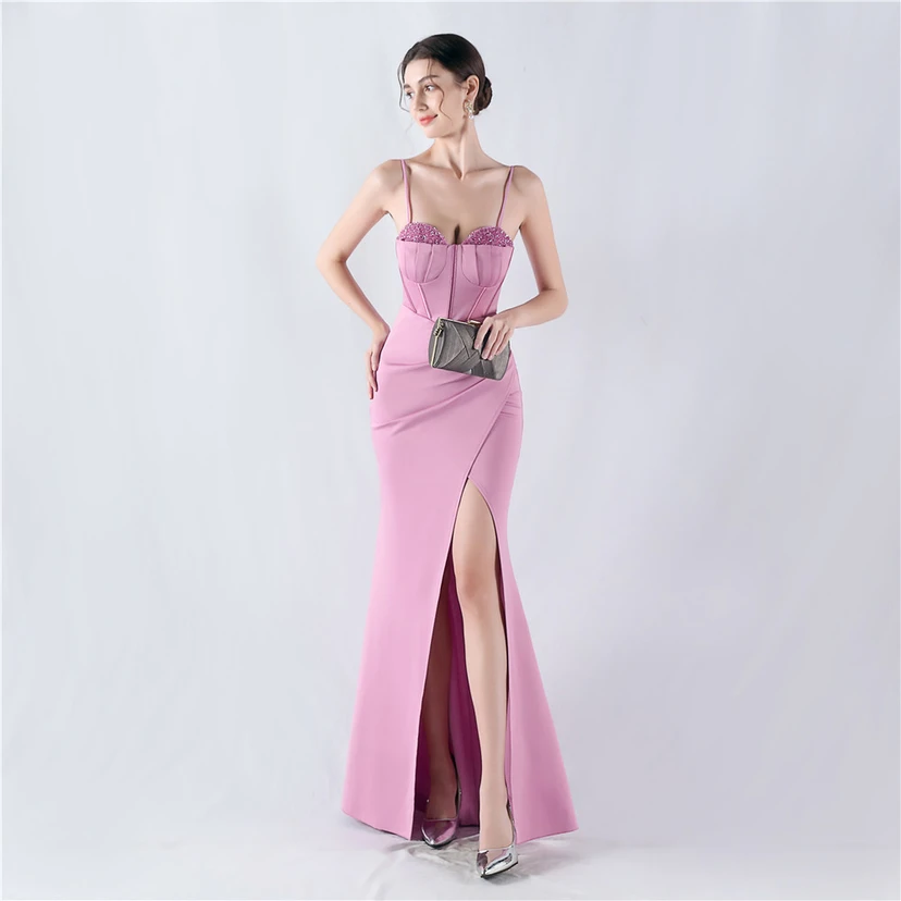 Fishbone Waist Set Crystal Diamond Satin Host Evening Dress view 5