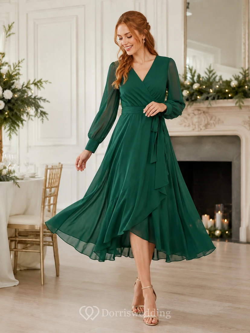 Vestido de invitada asimétrico de gasa verde oscuro con mangas cruzadas y estilo poeta.