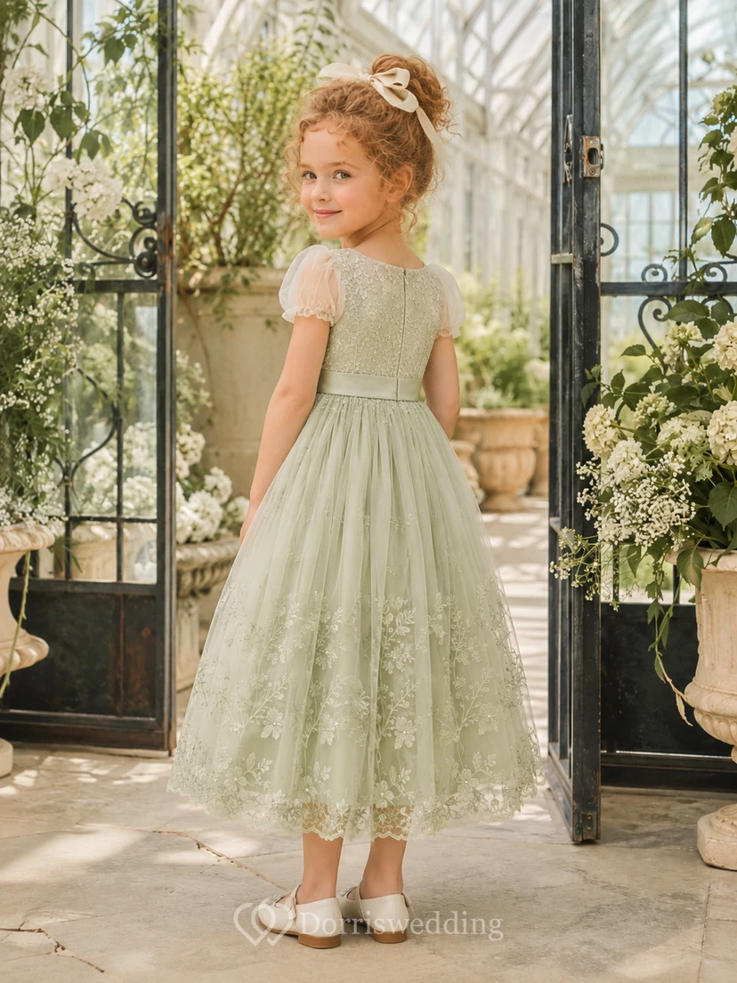 Sage Flower Girl Dress Tea-Length Floral Lace Tulle A-Line Jewel Neck Sheer Puff Sleeve Scalloped Hem view 2