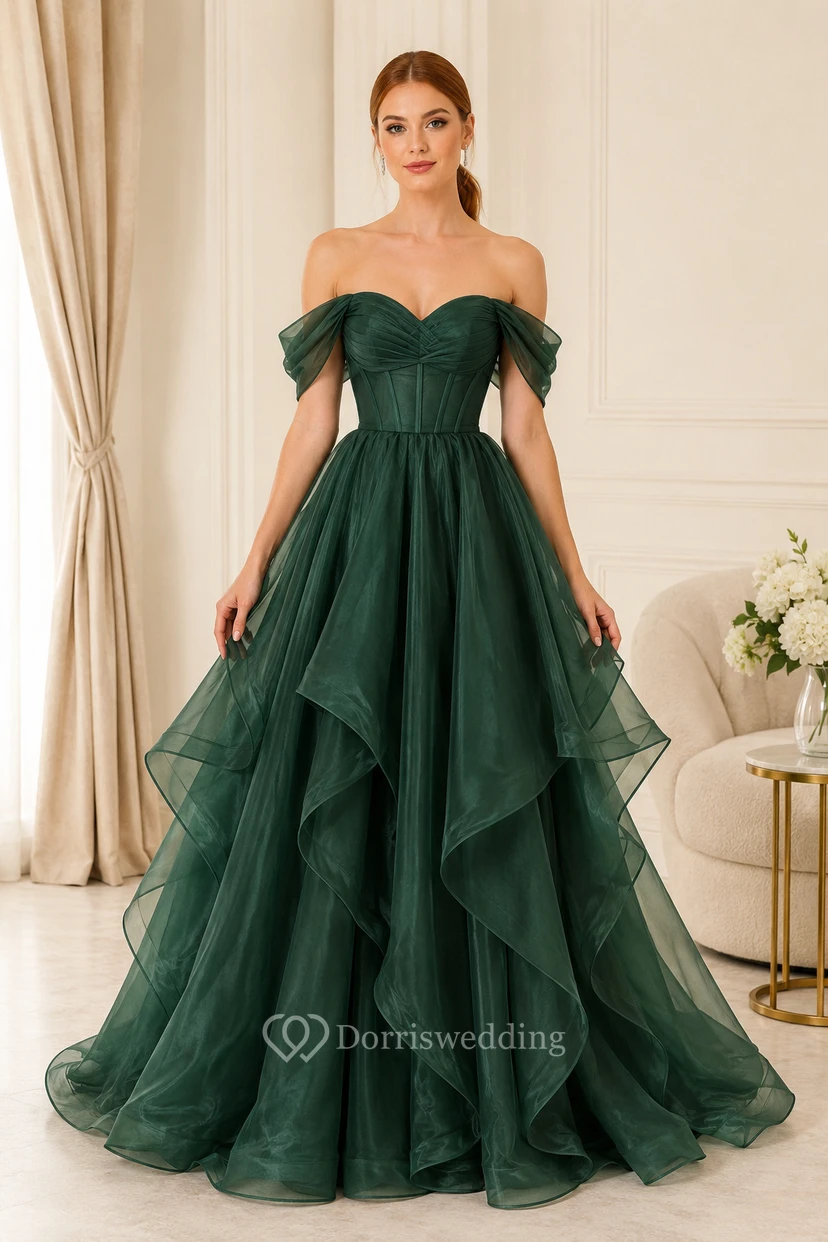Plus Size Dark Green Off-the-Shoulder Organza Ball Gown Prom Dress with Corset Bodice