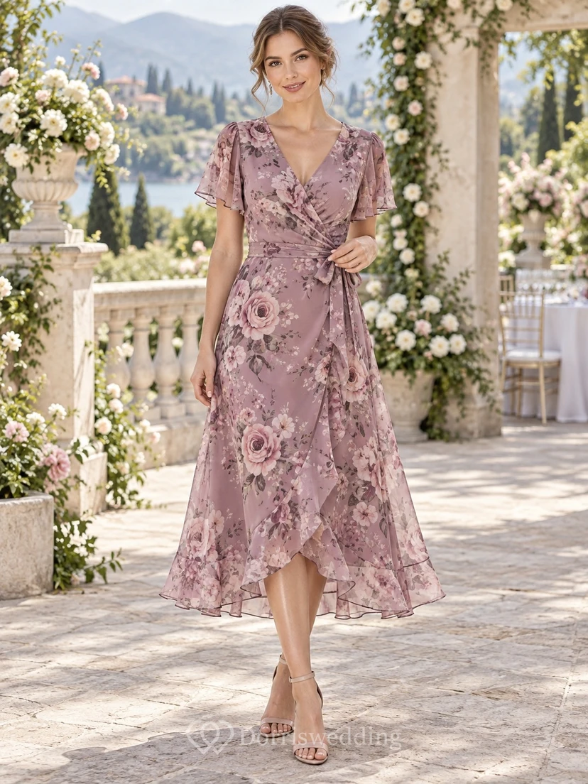 Vestido de fiesta vintage de gasa con estampado floral malva, escote en V cruzado y manga corta.
