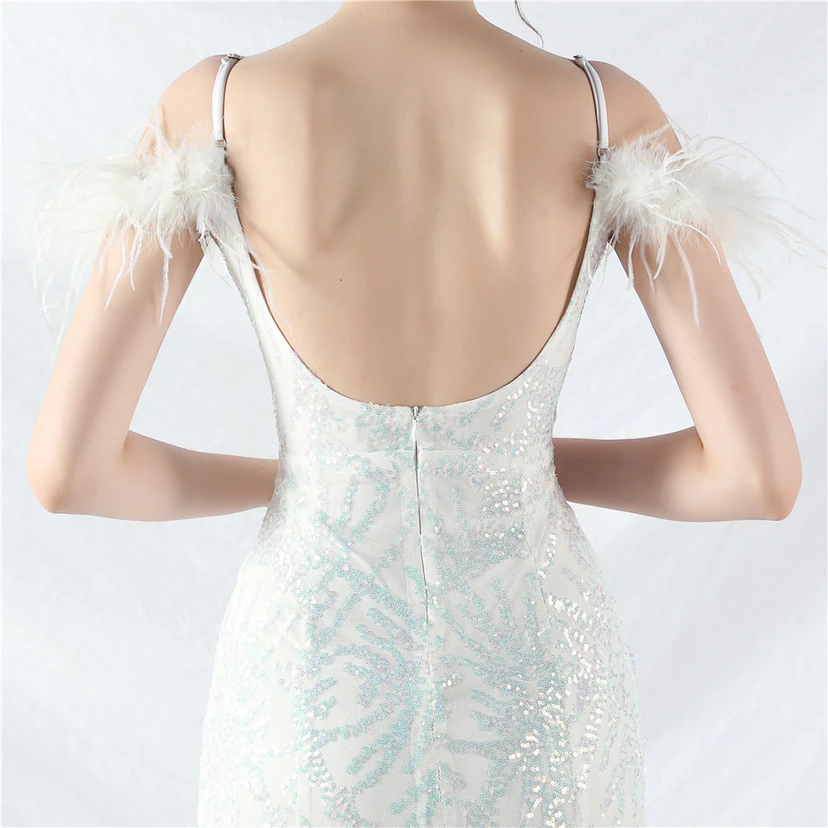 9-farbiges, handgefertigtes Abendkleid aus Kamelfedern, Netzstoff und Pailletten, sexy Trägern view 7