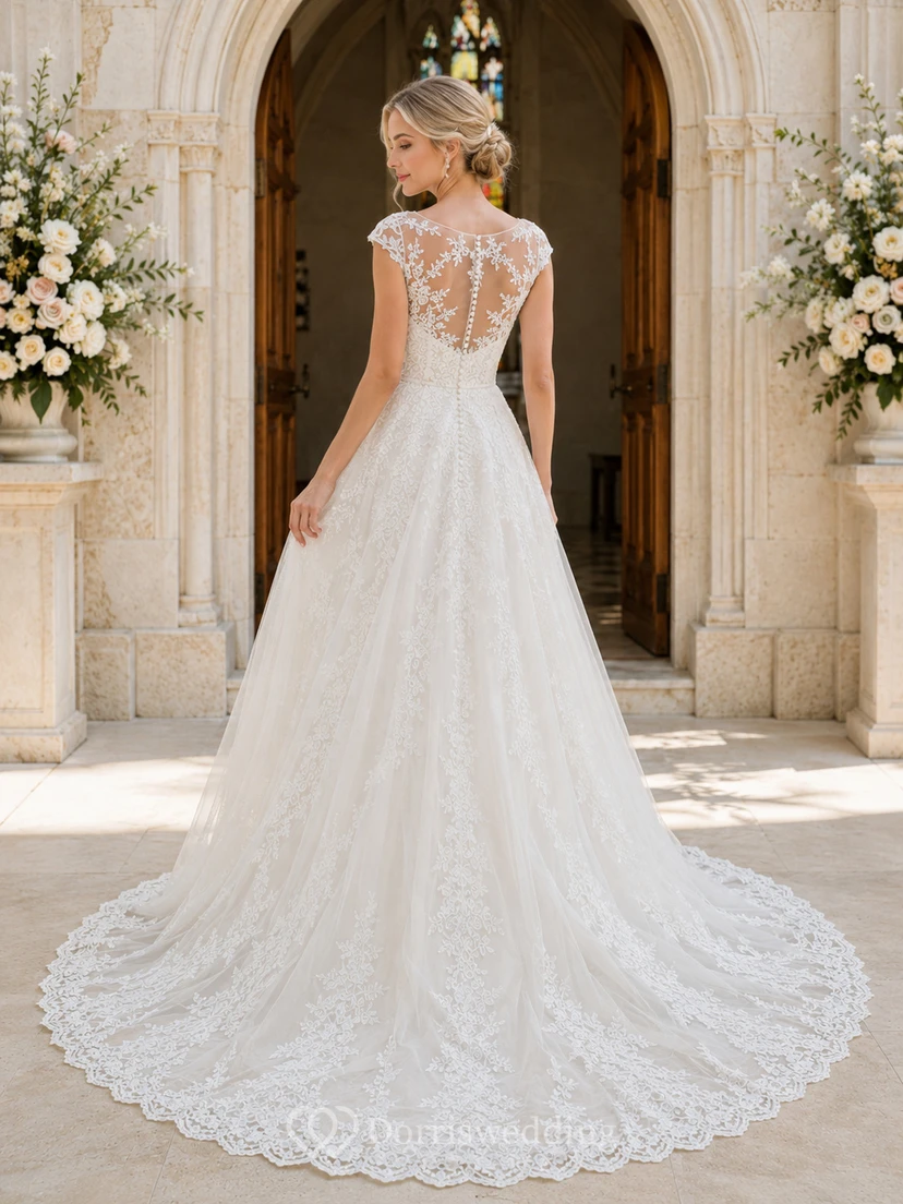 Illusion Cap Sleeve Lace A Line Chapel Bridal Gown view 2