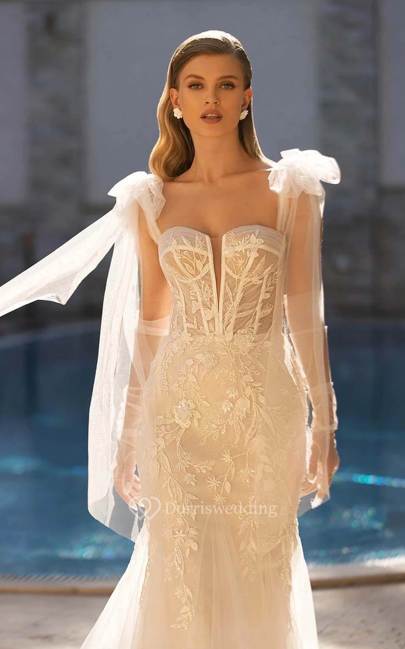 Notched Sweetheart A-line Mermaid Tulle Lace Princess Wedding Dress with Straps and Detachable Skirt view 4
