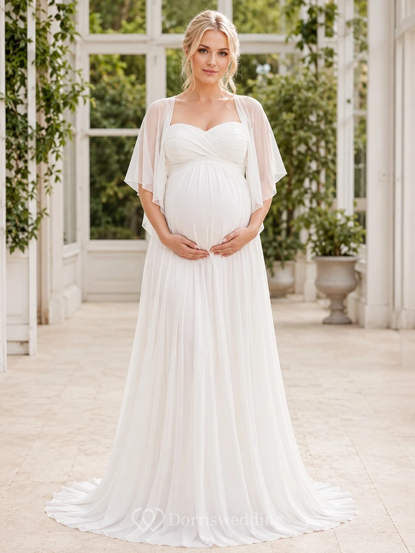 Maternity Modest Cape Sleeve Chiffon Empire Sweetheart Floor-Length Formal Gown