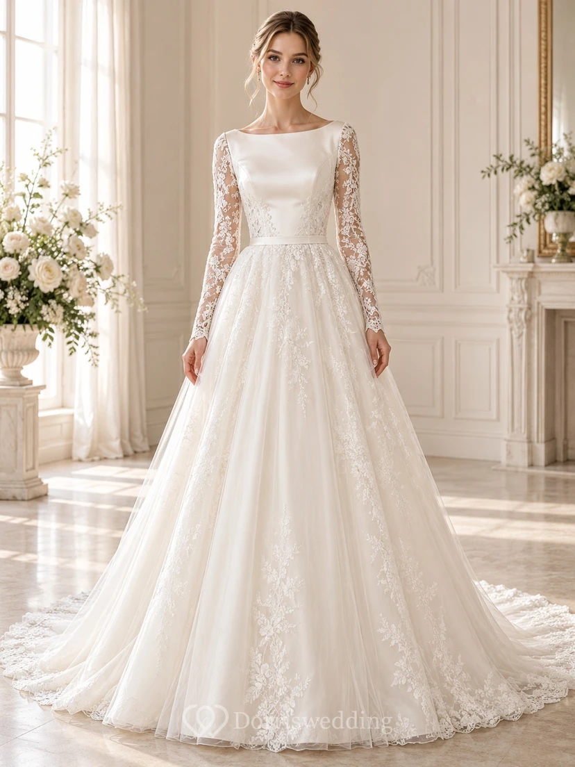 Long Sleeve Bateau Neck Satin Lace A-Line Wedding Dress