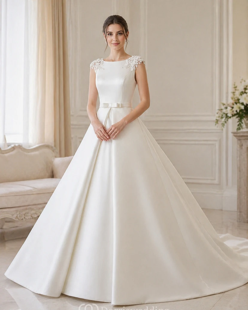 Elegantes, einfarbiges Ballkleid aus Satin im Prinzessinnenstil mit Perlenbesatz an Schulterklappen, Korsettrücken und Schleppe