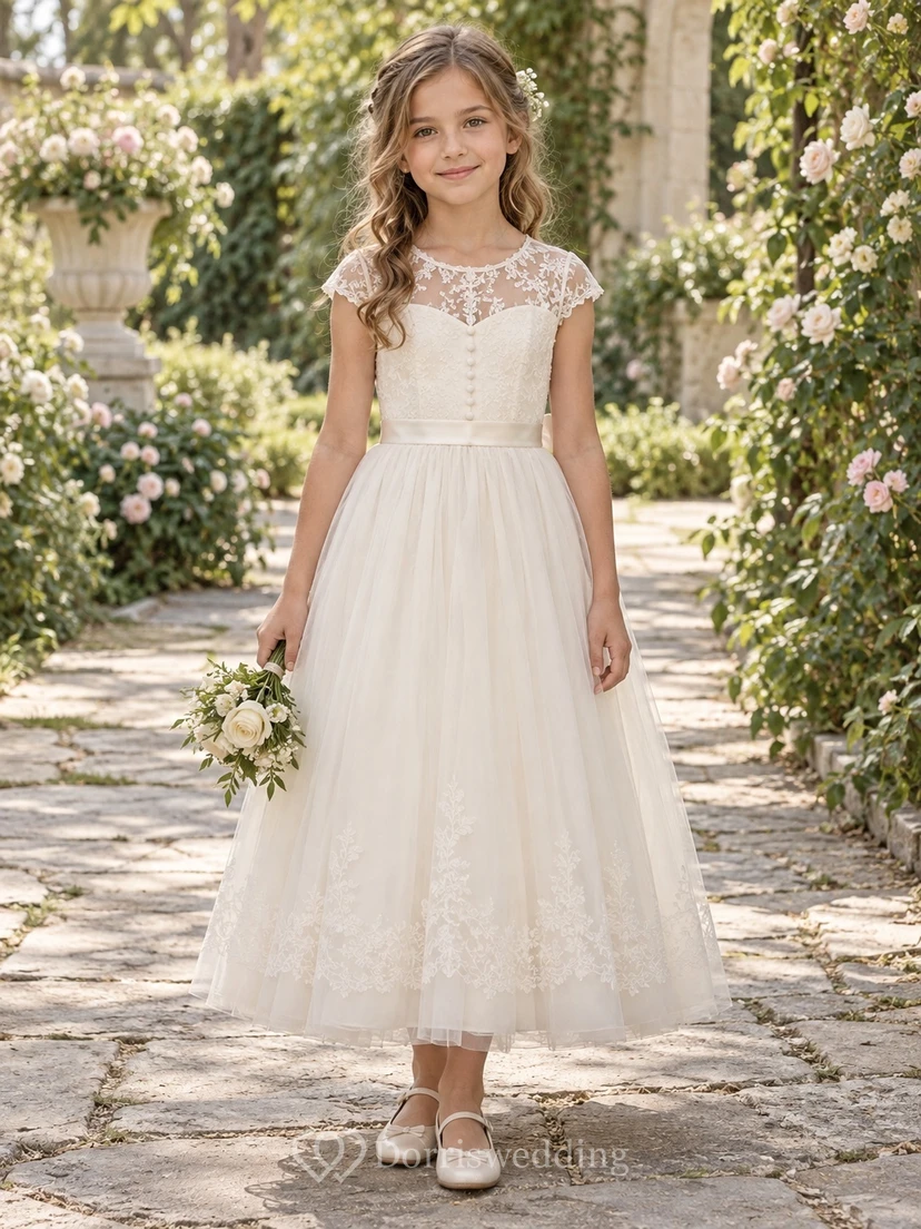Vestido de niña de flores vintage color marfil con estampado floral, corte en A, tul, mangas cortas, largo hasta los tobillos y cierre de botones en la espalda.