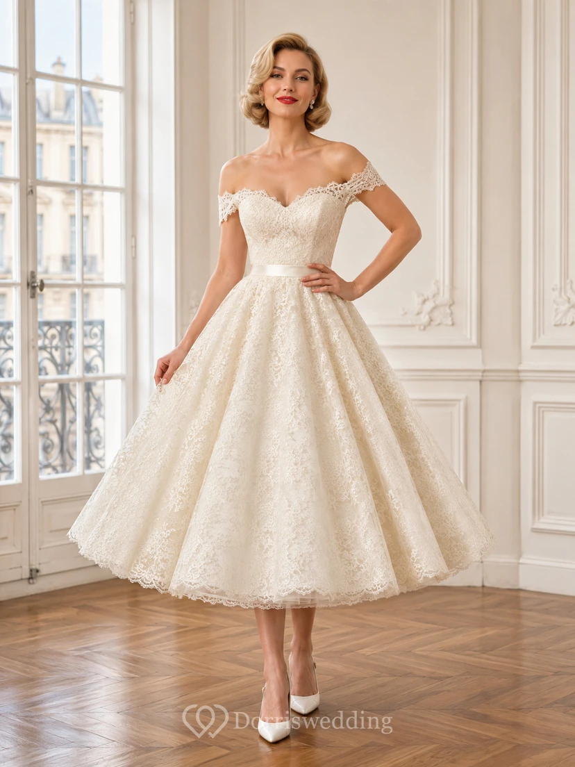 Vestido de recepción nupcial vintage de los años 50, largo hasta la rodilla, con hombros descubiertos y encaje, corte en A.