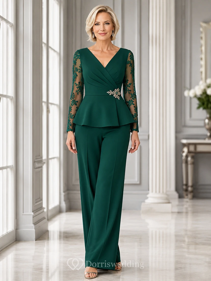 Dark Green V-Neck Illusion-Lace Sleeve Elegant Mother Wide-Leg Jumpsuit Court