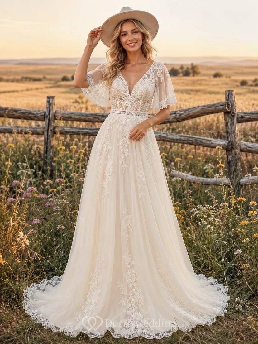 Country Lace Tulle Wedding Dress A-Line V-Neck Flutter Sleeve Sweep Train Low V Back Bridal Gown