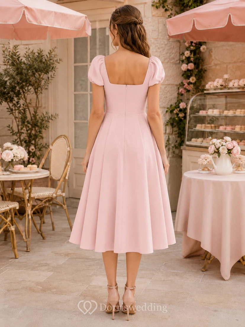 Light pink square neck puff sleeve tea length A-line dress view 2