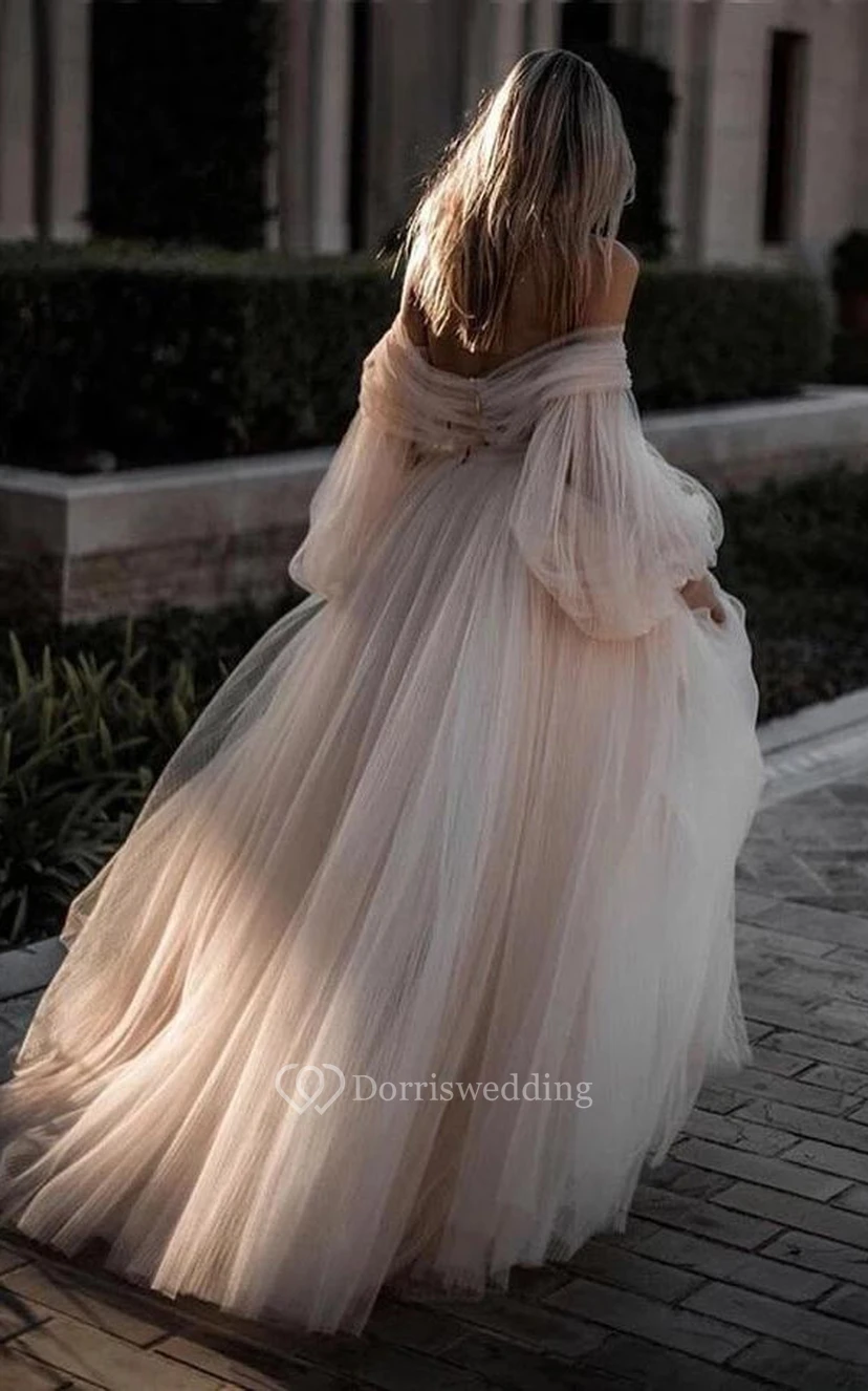 Puff Flowy Illusion Tulle A-line Off-the-shoulder Criss-cross Dress view 2