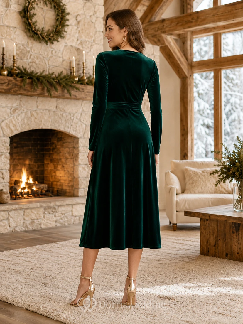 Dark Green V Neck Long Sleeve Wrap Velvet A Line Tea Guest Dress view 2