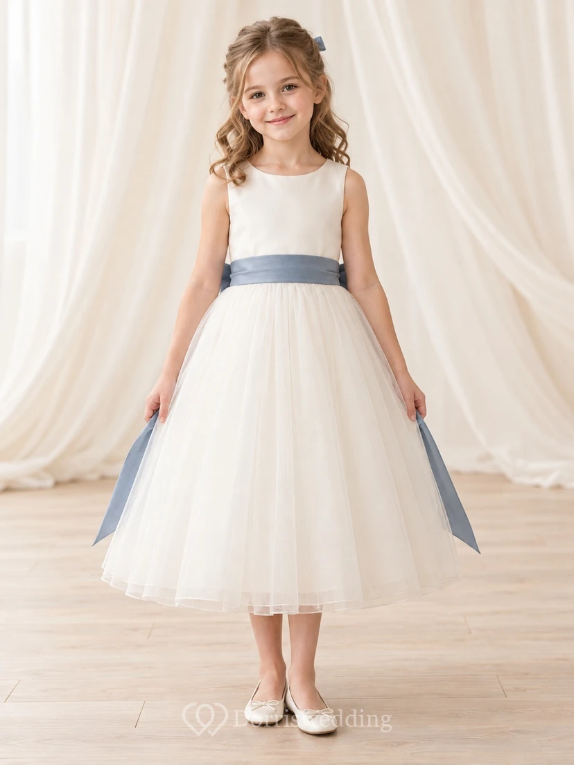 Tea-length Simple Ivory A-line Tulle Sleeveless Blue-sash Bow-back Flower Girl Dress