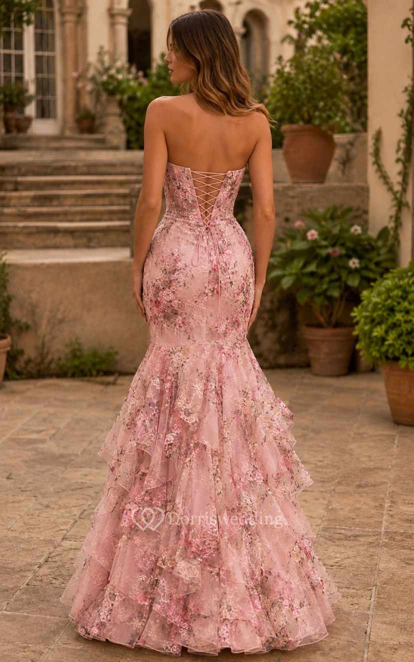 Robe de bal en organza rose poudré, bustier, coupe sirène, longueur au sol, imprimé floral et volants view 2