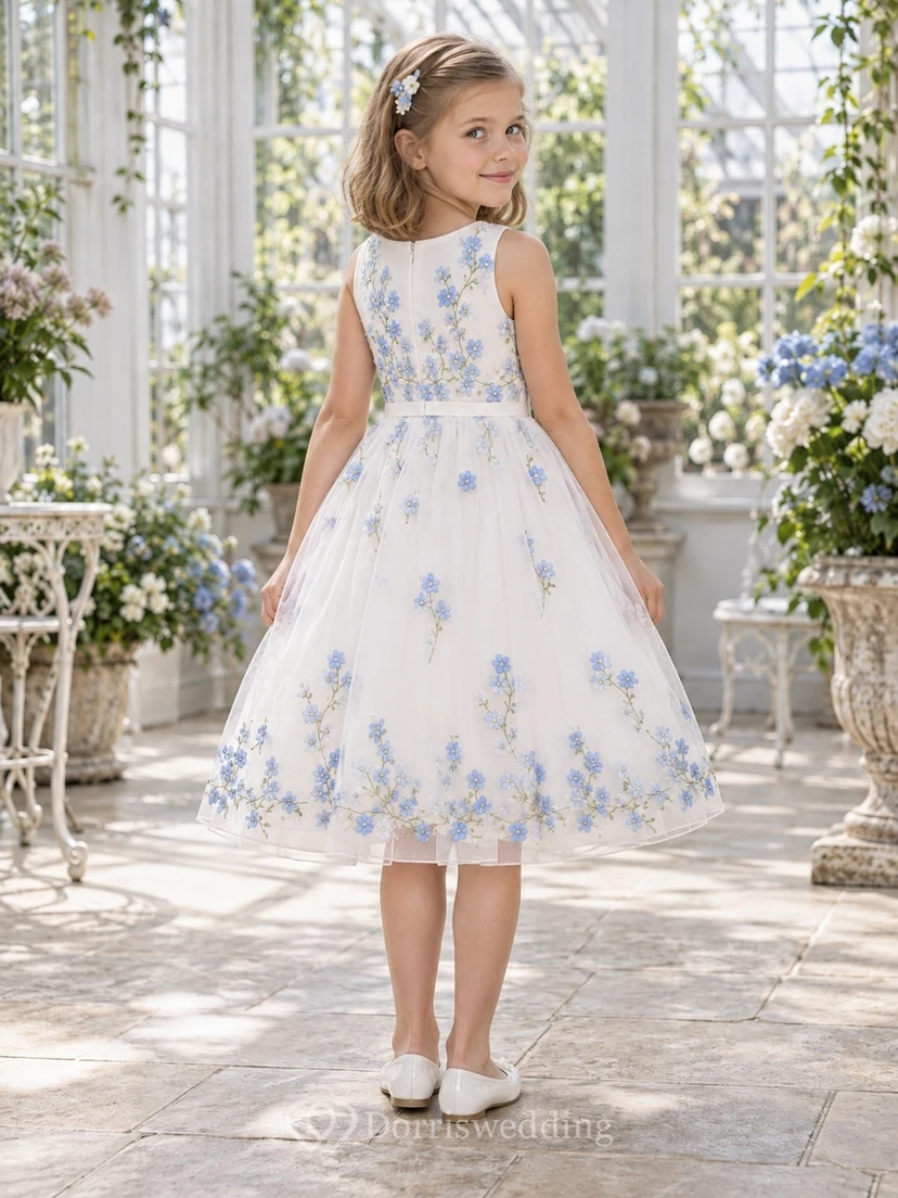 Tea-length Ivory Sleeveless Blue Floral Border Tulle A-line Flower Girl Dress view 2