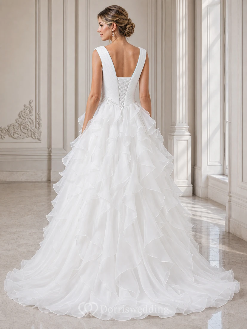 A-Linien-Brautkleid aus Organza mit kurzen Ärmeln, langem V-Ausschnitt, Raffungen, Rüschen und Stufen view 2