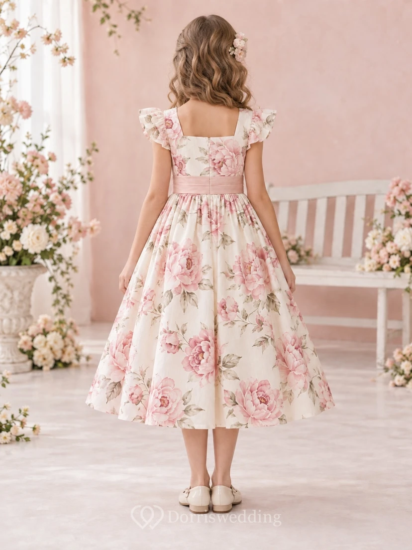 Square Neck Tea-length Ivory Pink Rose Flutter Sleeve Floral Print Flower Girl Dress