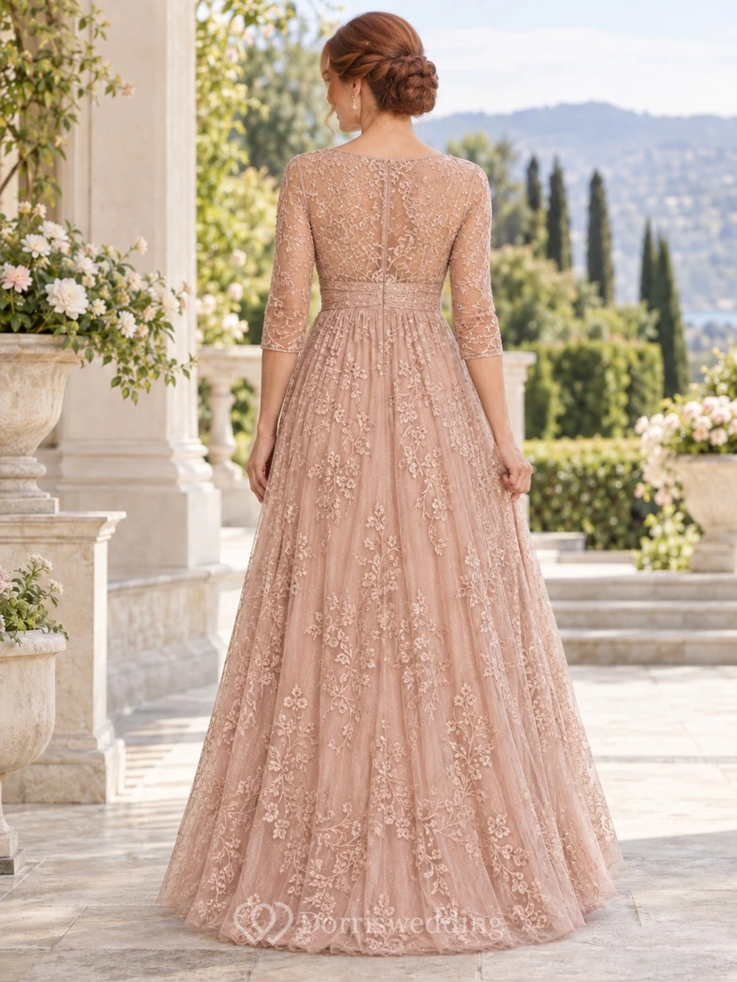 Vestido de tul con encaje floral, corte imperio, largo hasta el suelo, escote barco, mangas tres cuartos, color oro rosa, ideal para la madre de la novia. view 2
