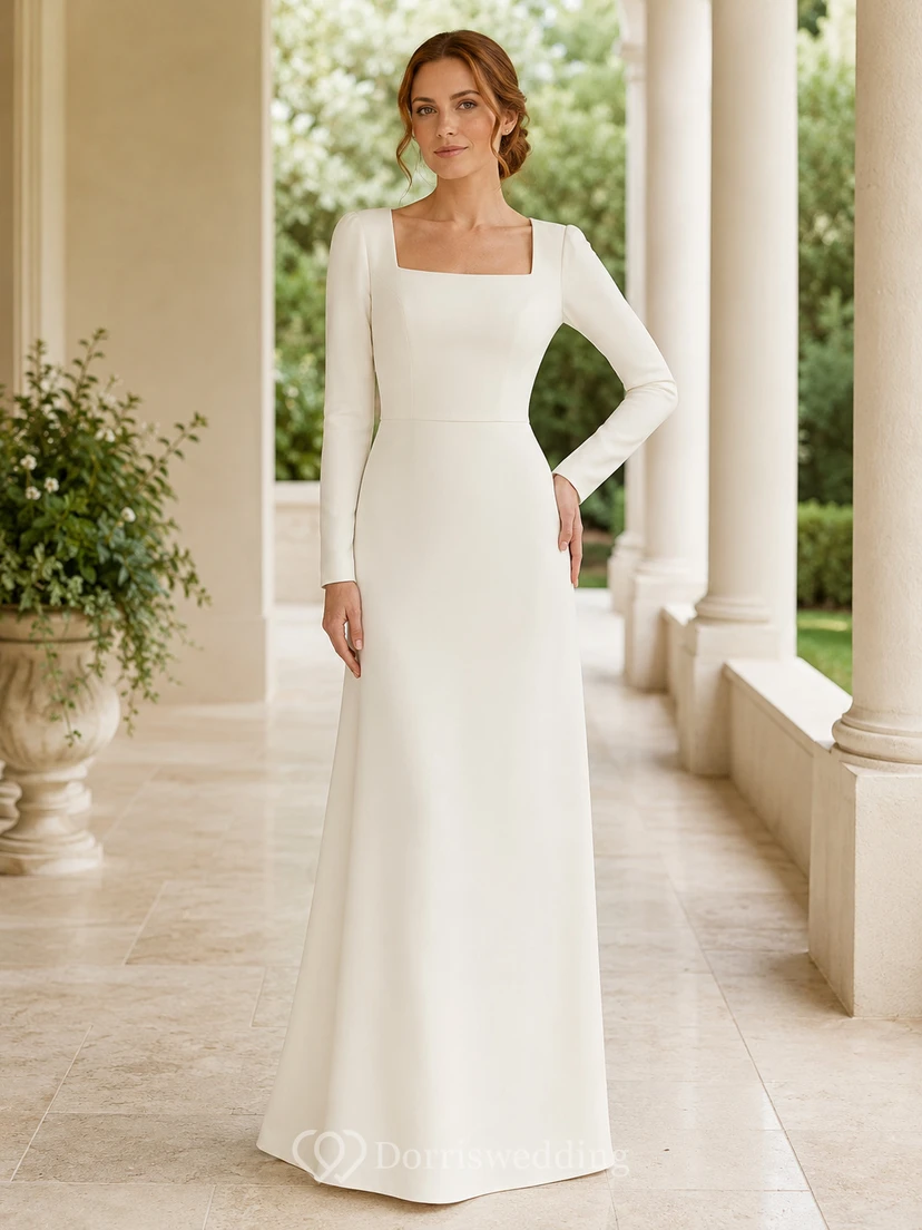 Robe de mariée fourreau Temple Square, longue jusqu'au sol, manches longues, en satin, sobre et simple, style cour.