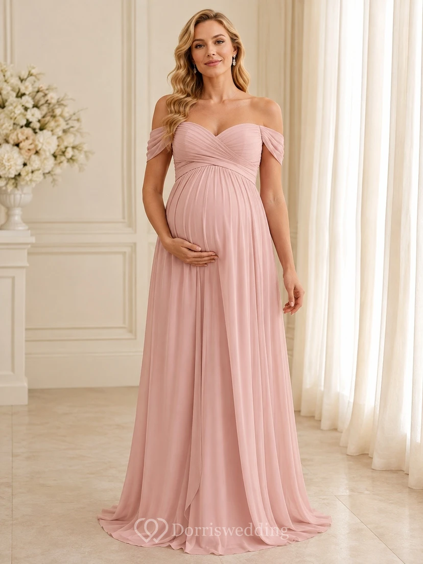 Maternity Off Shoulder Chiffon Empire Floor Length Romantic Evening Gown