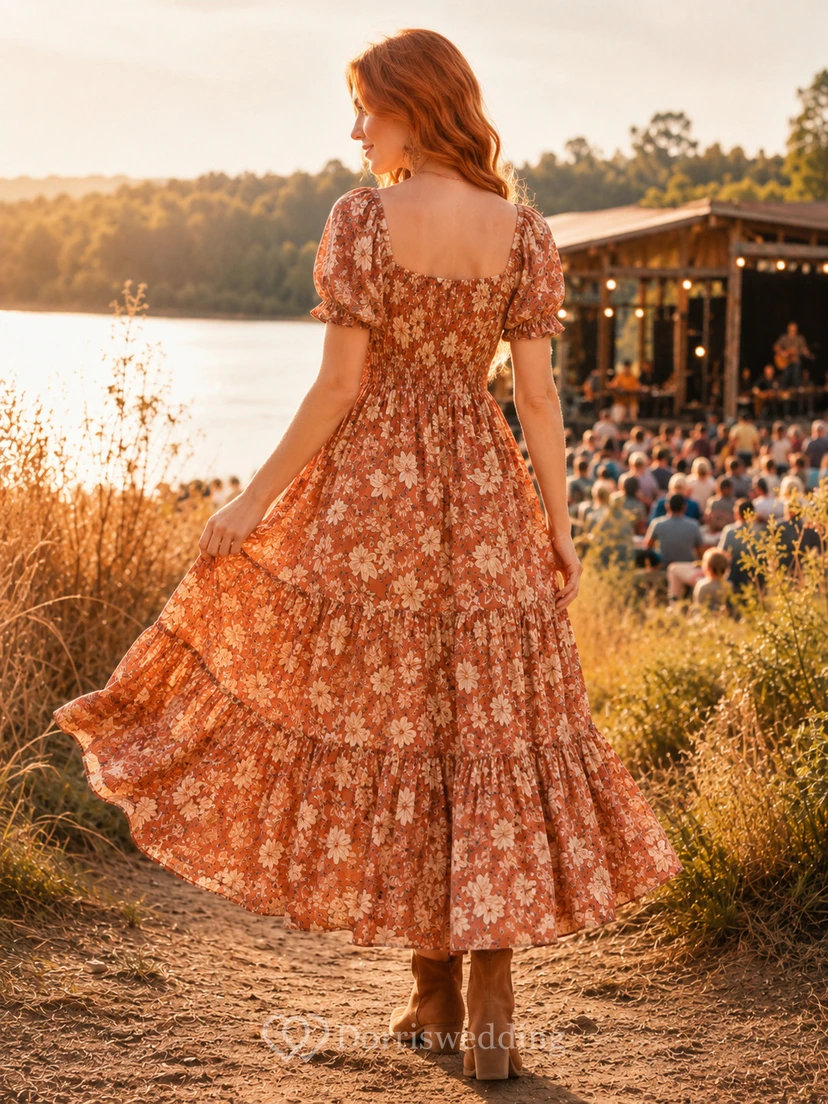 Rust Floral Puff Sleeve Tiered Boho Concert Dress view 2