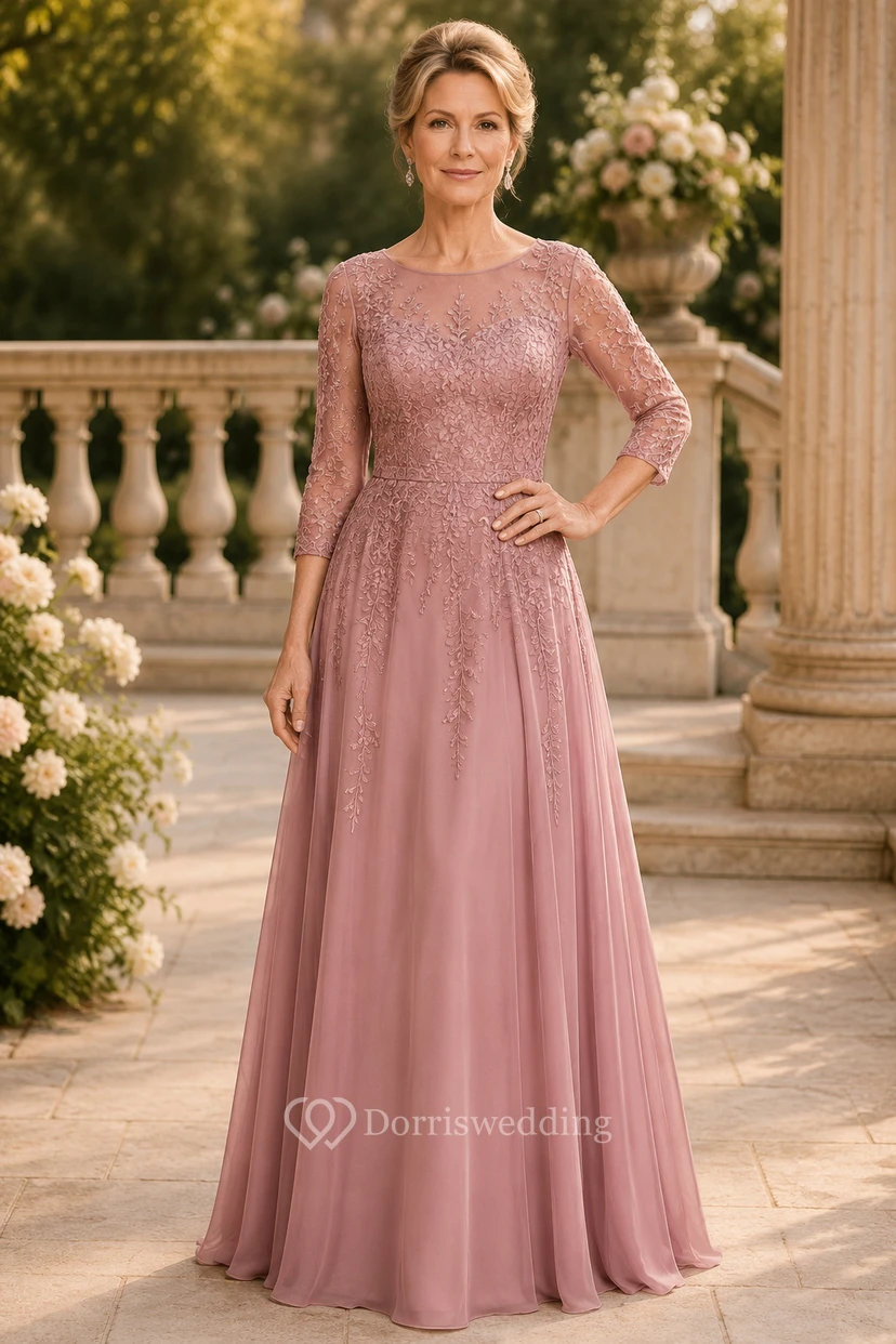 Robe de mère en mousseline rose poudré, coupe trapèze, corsage en dentelle