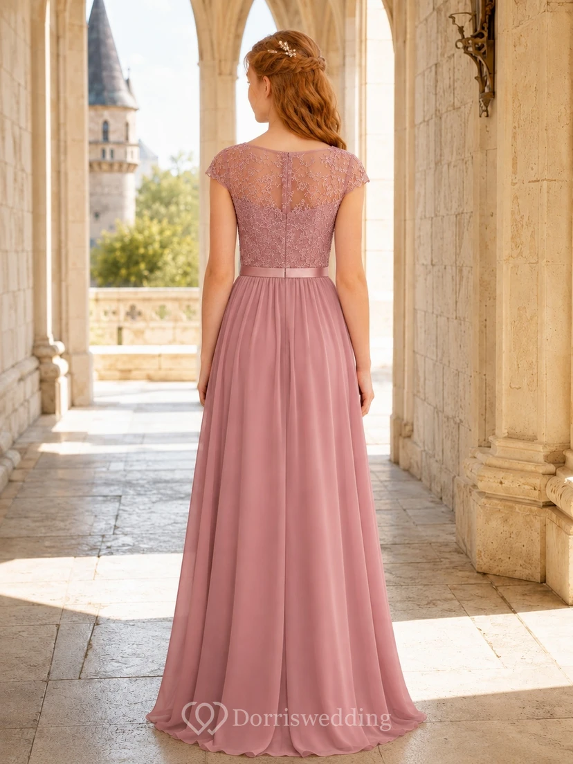 Elegantes, rosafarbenes Brautjungfernkleid im A-Linien-Stil mit Schmucksteinen, kurzen Flügelärmeln und Spitzendetails view 2