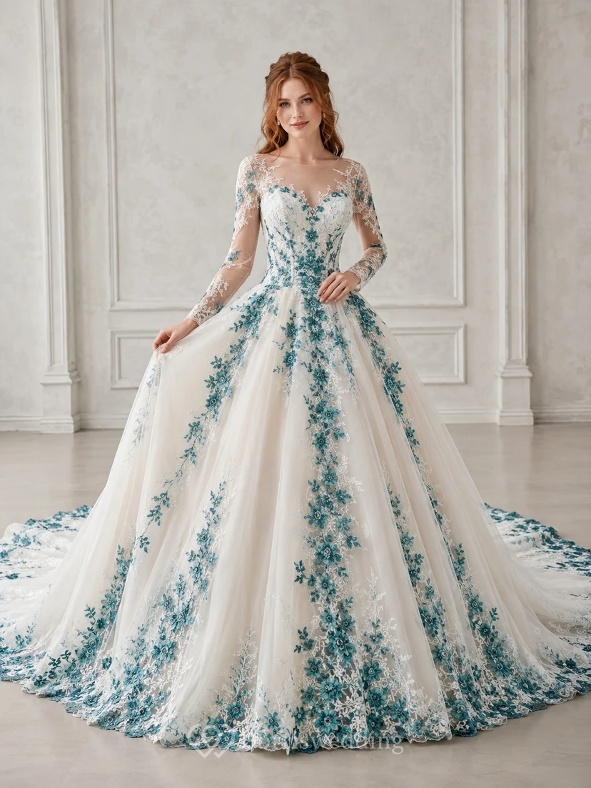 Türkisfarbenes, romantisches Brautkleid in A-Linie mit V-Ausschnitt, langen Ärmeln, Spitze und floralem Muster