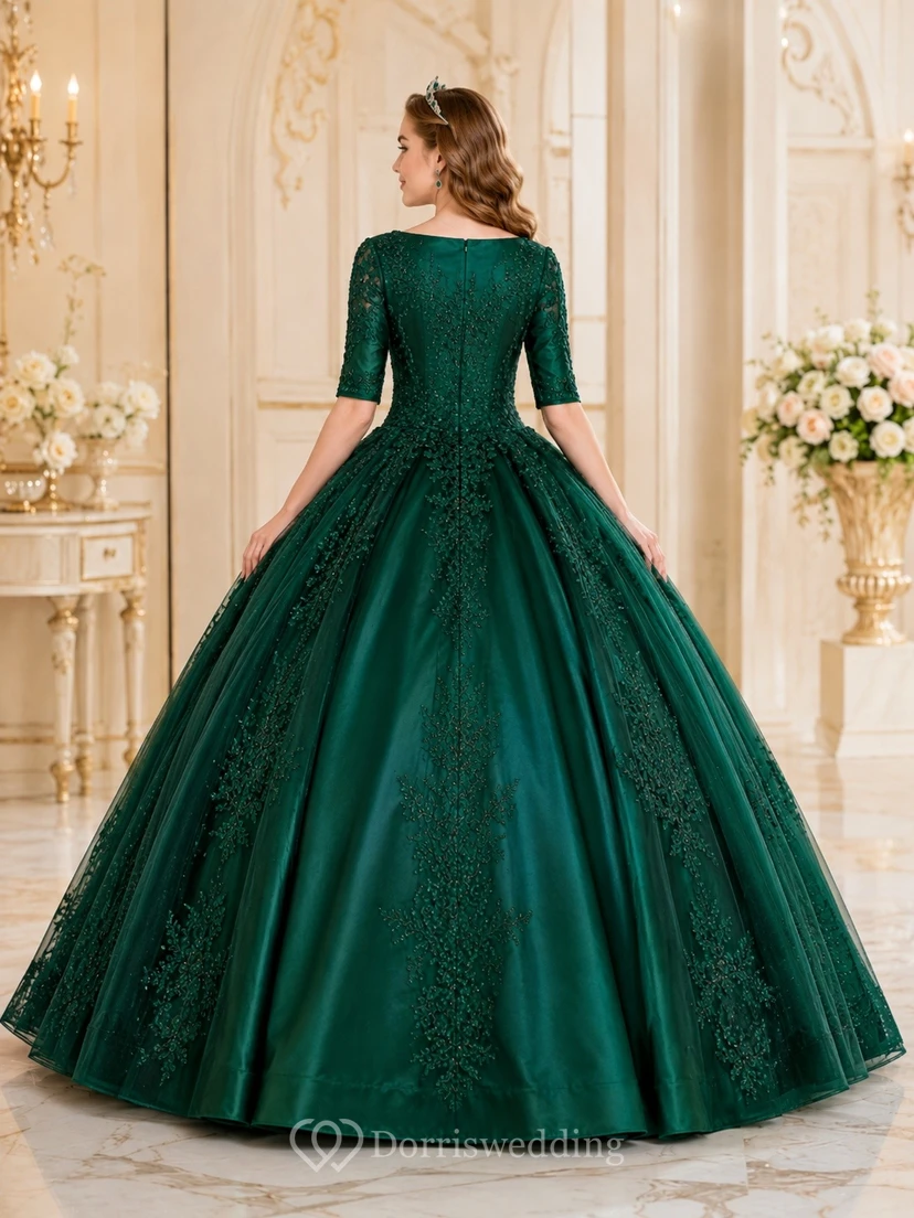 Dark Green Quinceanera Velvet High-Neck Long-Sleeve Ball Gown Dress view 2