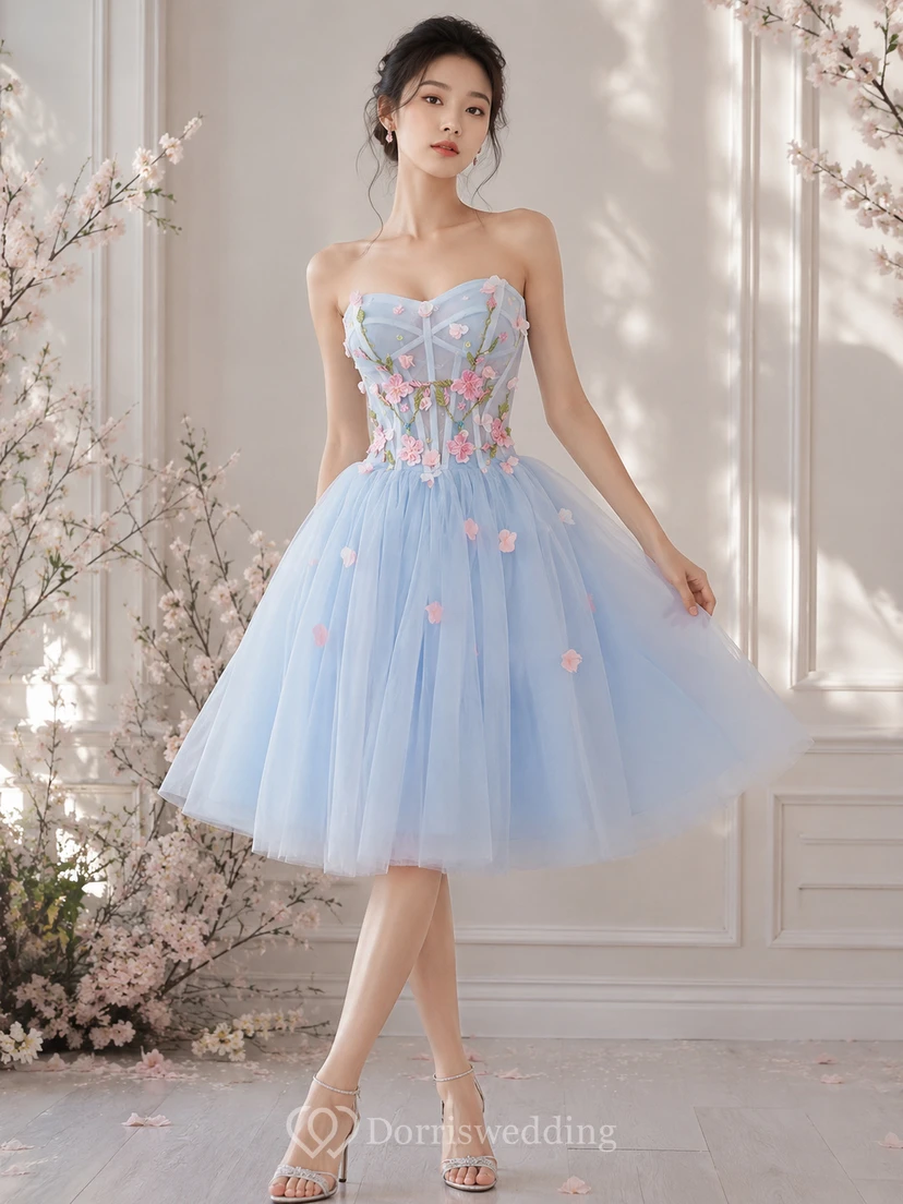 Ivory Strapless Cocktail Dress with Floral Appliqué view 6