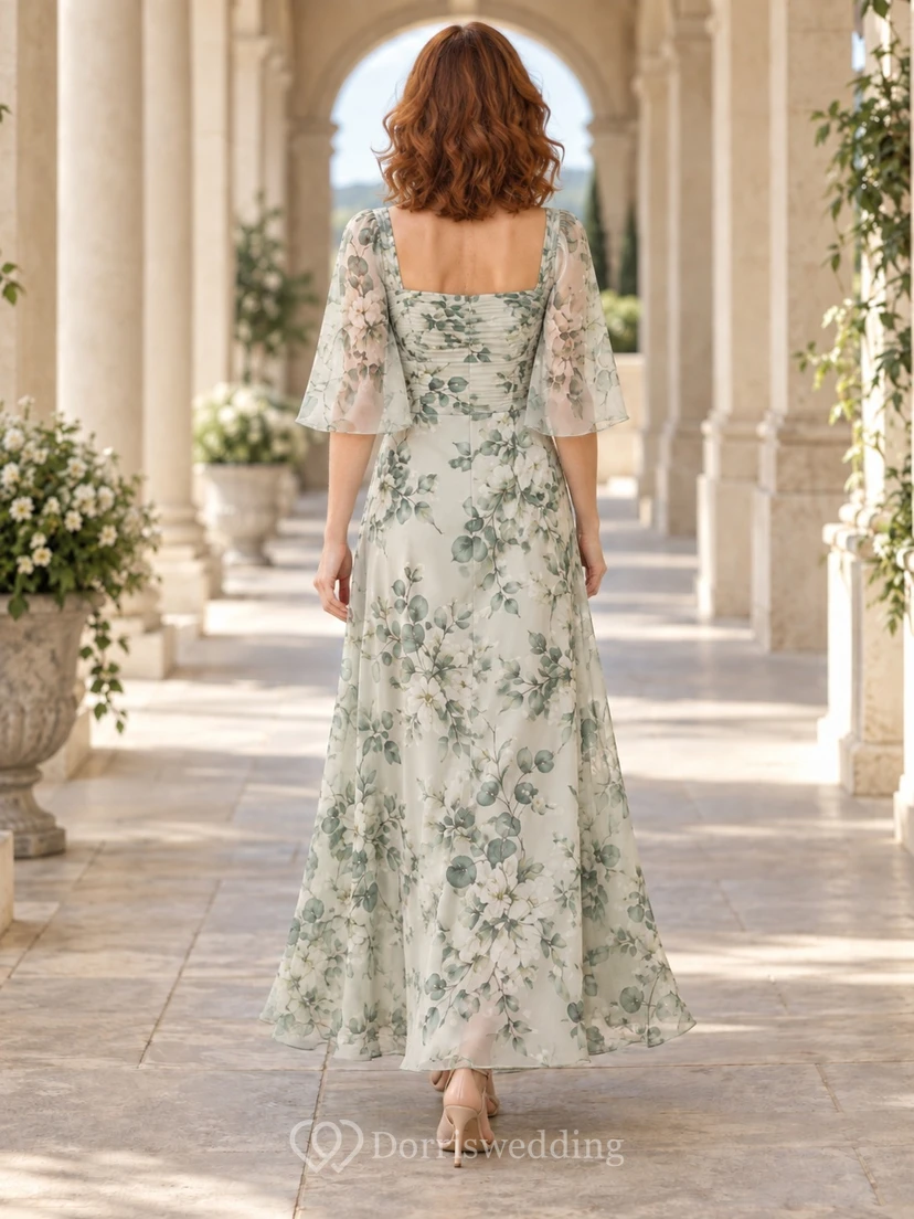 Salbeigrünes Chiffon-Gästekleid mit Blumenmuster, eckigem Ausschnitt, Dreiviertelärmeln und bodenlanger Ausführung view 2