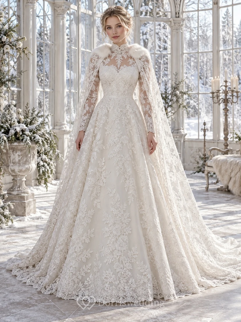 Vestido de novia vintage de corte A con cuello alto, manga larga, ribete de piel y encaje