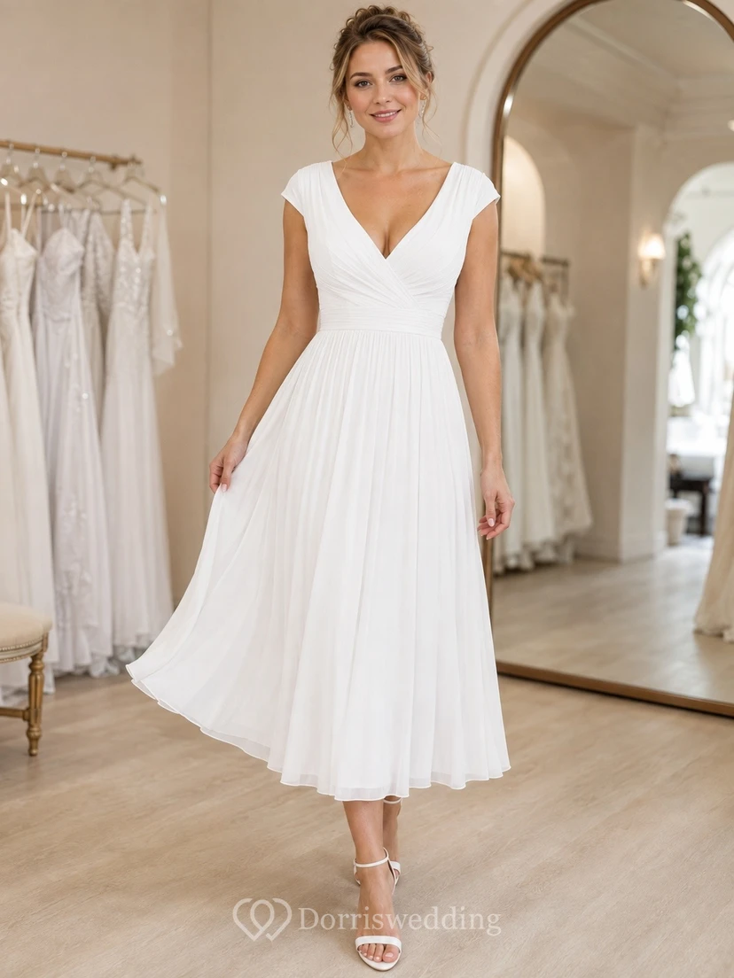 Robe blanche à col en V, manches courtes, plissée, coupe trapèze, longueur thé